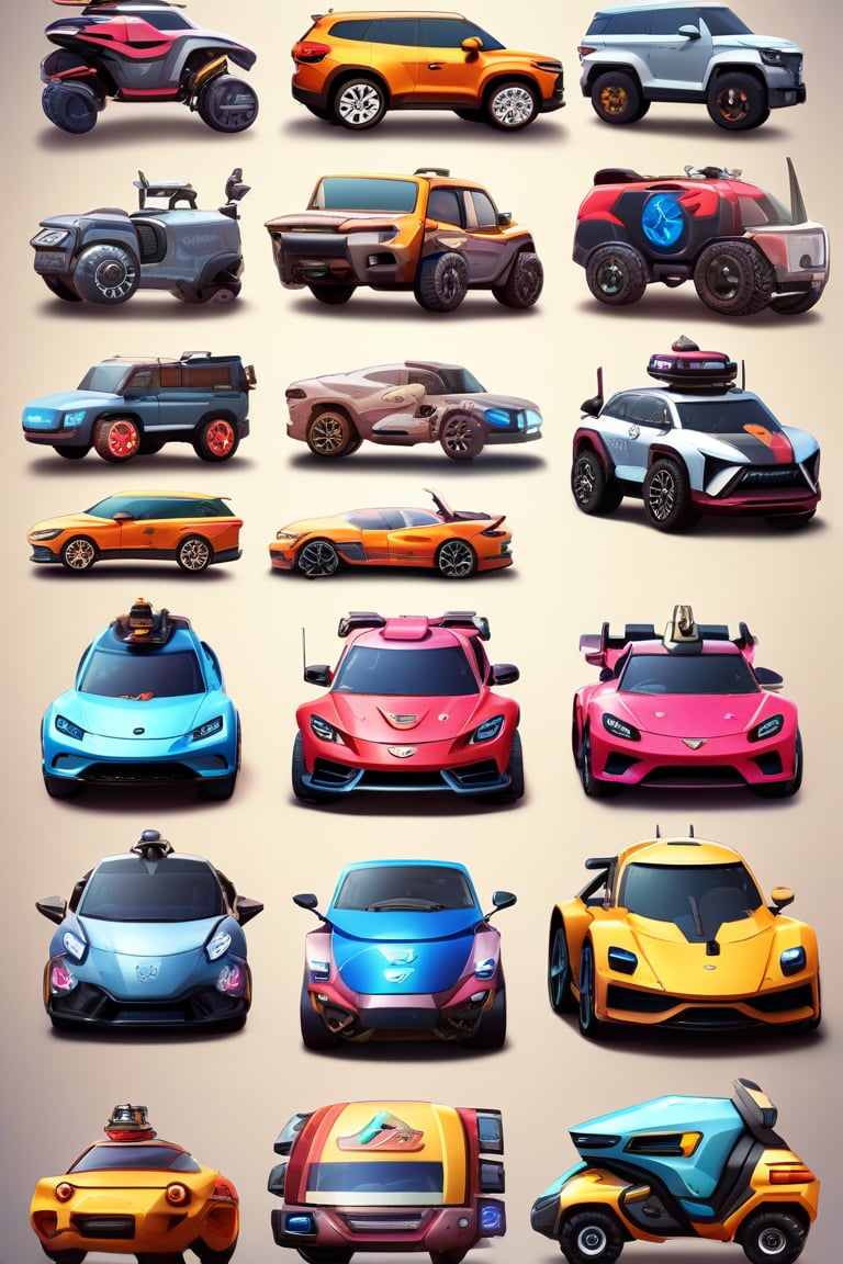 game rpg vehicles design, multiple random rpg cute vehicles with intricate icons emblems on a organized board, professiona concept art, 3d, unreal engine, highres, high-definition, profesional smooth clear clean cgi in uhd printed in glossy paper, exceptional masterpiece, epic creative, absurdoriginal, fun, cute, ray-tracing reflections,