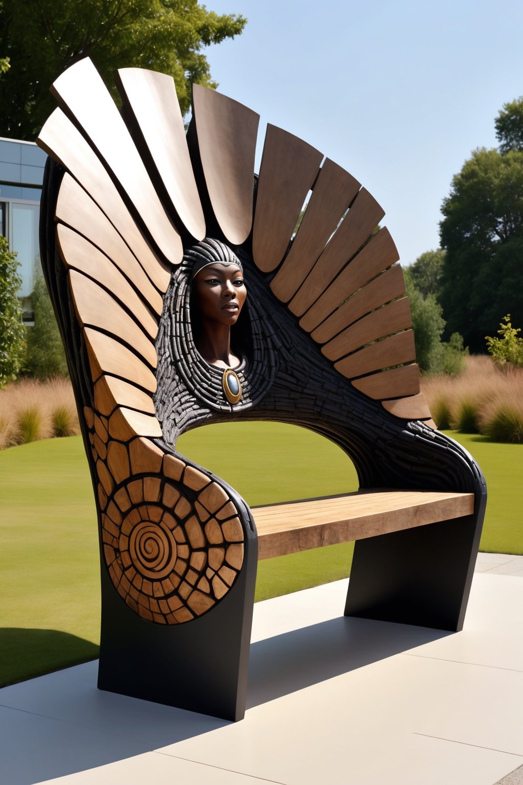 (masterpiece, best quality, high quality), fine art image design of an outdoors bench made of natural materials in alien shaped forms highly inspired by afro-futurism of Octavia Butler and Wangechi Mutu and Sun Ra, must be extremely original and professional design exposed in the best artificial focused installation with perfect realistic shape depth textures and highly intricate as in fine art