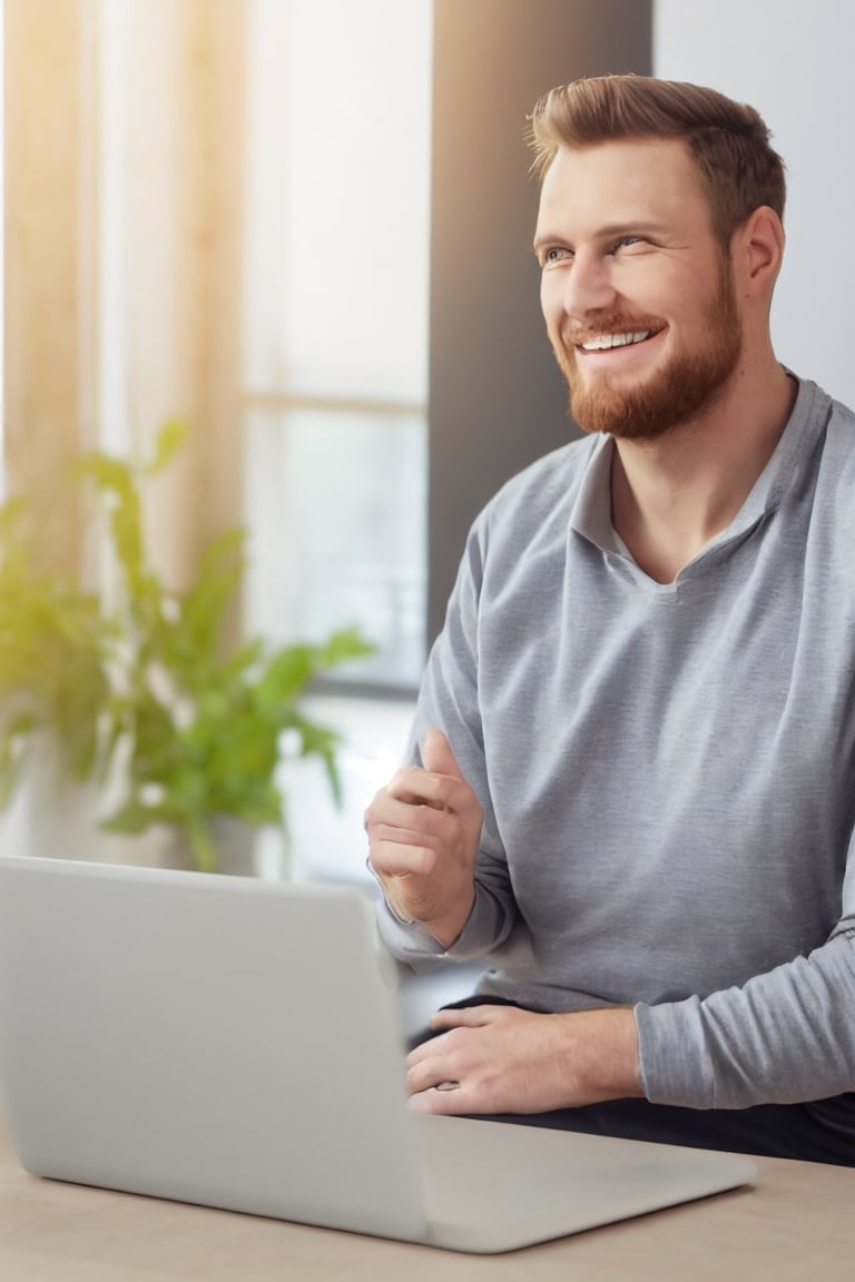 Portrait of Smiling Handsome Gingerbearded Canadian Man Working from Home on a Laptop Computer in Sunny Cozy Apartment. Successful Male Entrepreneur Does Remote for e-Business Project, uhd, wearing well-rendered fully clothed, rendered in SFM, Cinema 5d, movie still, highres image scan, firm focus, normal life, associated press, Online Shopping, a shutterstock smooth clear clean vibrant image masterpiece,HIGHLY DETAILED,mike zacharias