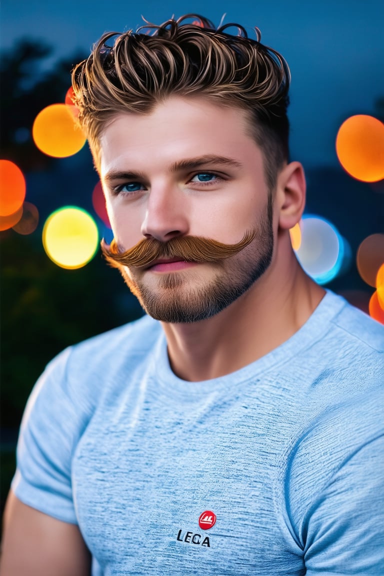 realistic professional photo image of a man, handsome lad, short wavy hair, pincel mustache, portrait, dramatic backlighting, realistic, exceptional masterpiece, bokeh, outdoors, night, perfect, highres, high-quality, high-definition, leica 65mm, 