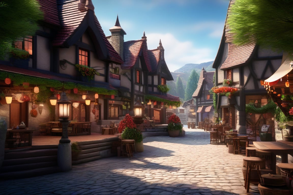 3d rendering, image of a medieval village during festivel, professional space design, surreal quality, highres, depth of field, impressive, perfect, highly-detailed, joyful, cinematic, exceptional masterpiece