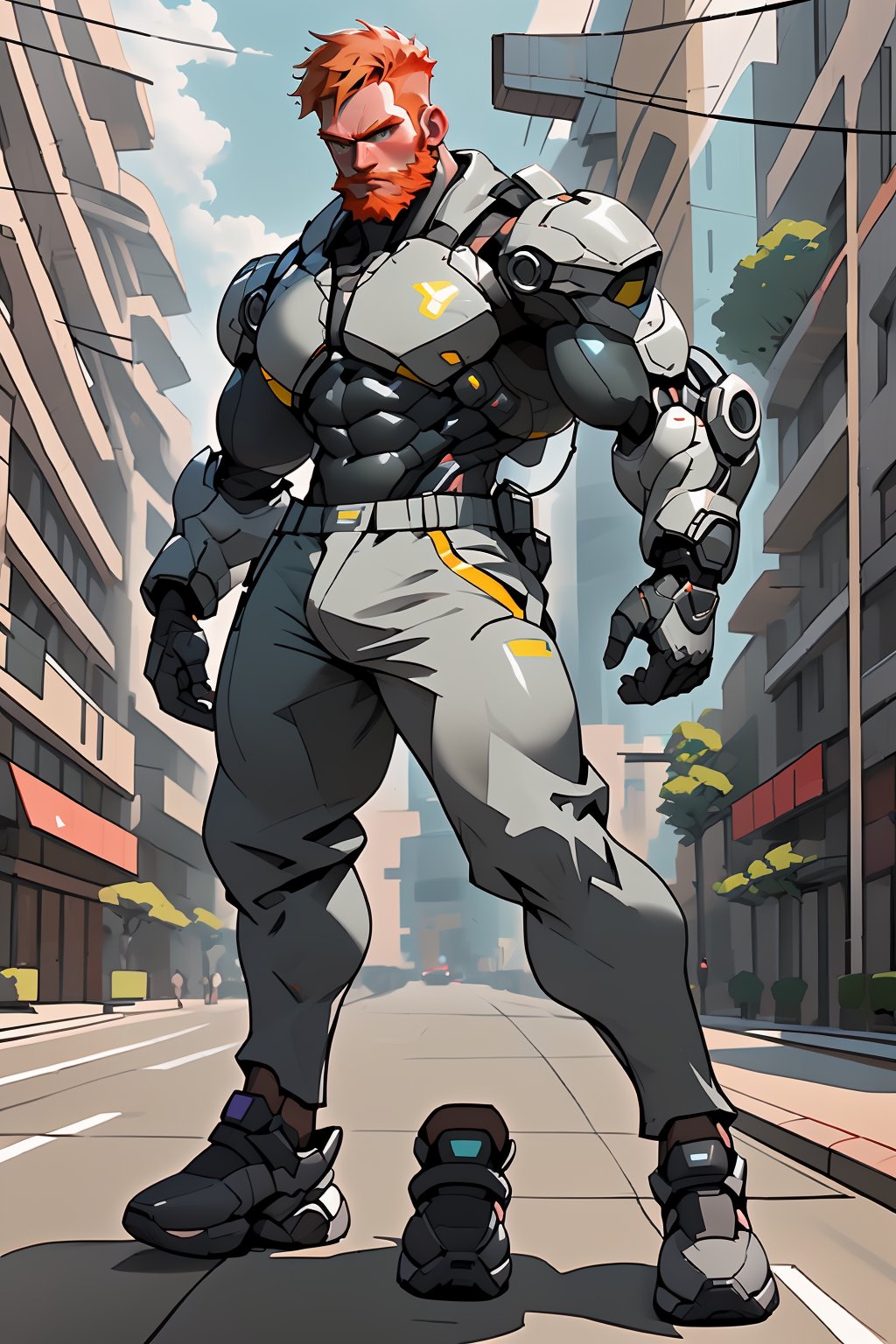 A lone figure, a dashing italian spaceman with a (ginger beard) and a buzz-cut, poised in well-rendered fully-clothed large niji masculine bulky(grey white) mecha armor, futuristic wide street, gray large pants, mechanical legs, large sneakers, colorful, realistic, masterpiece, detailed,HIGHLY DETAILED, SHARP FOCUS,ENHANCER,  absurdres, highres image scan, incredible high quality uhd,niconawt, (SOLO, SOLO FOCUS, REALISTIC STYLE)