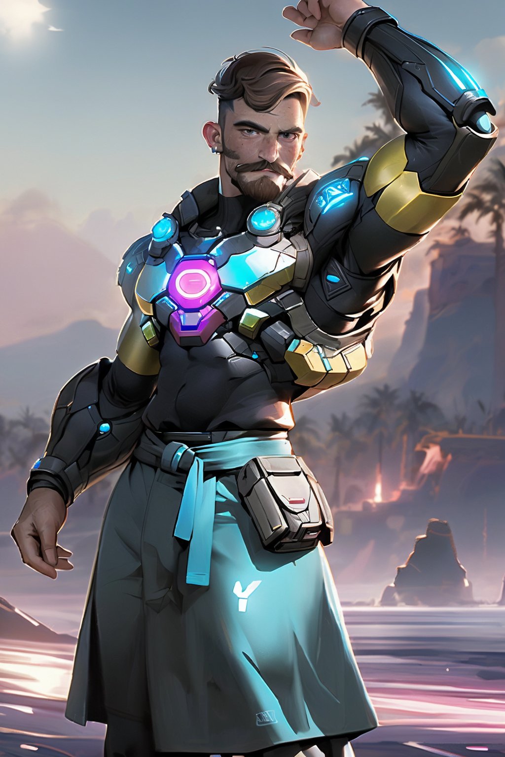 Here's a prompt that captures the essence of Ollie:

Close-up shot of Ollie, donning a perfect pencil mustache and brown short hair, standing in a powerful combat pose as he bravely navigates the cyberwar. He wears majestic, rugged Niji armor with LED lights, illuminated by an electric blue glow. The background features a razed futuristic landscape with a reflective sky, set against intense motion blur. Rendered in Source Filmmaker (SFM) for extra drama and contrast.