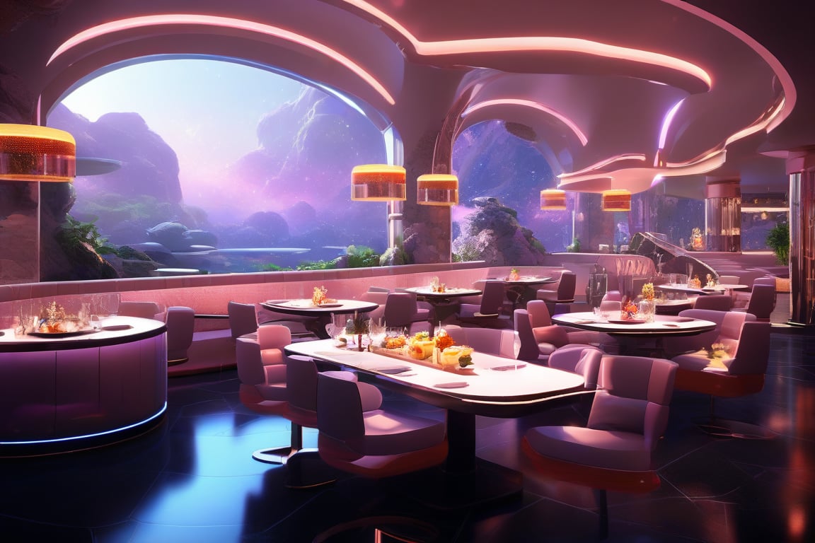 absurdperfect large luxury fututistic spatial restaurant high-tech dim light, widows to deep space and planets, indoors, eletronic tables, glowing food, sleek different futurusitc chairs, radiant, colorful, depth of field, professional exceptional space design masterpiece, intricate details , award-winning smooth clear clean CGI 64k Wallpaper printed in glassy paper,  professional concept art, 3d, unreal engine, highres, high-definition,  epic creative, absurdoriginal, fun,  ray-tracing reflections, (rendered in Maya),