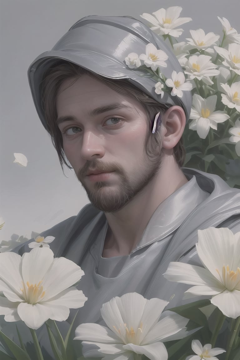 my favorite image of a handsome male miner near flowers, symmetry is excellent, highres image scan,  centrefold, professional  smooth clear clean image, no crop, exceptional well-generated symmetric perfect masculine (lantzer) male miner person,softglow effect, matte, realistic,photorealistic,Masterpiece