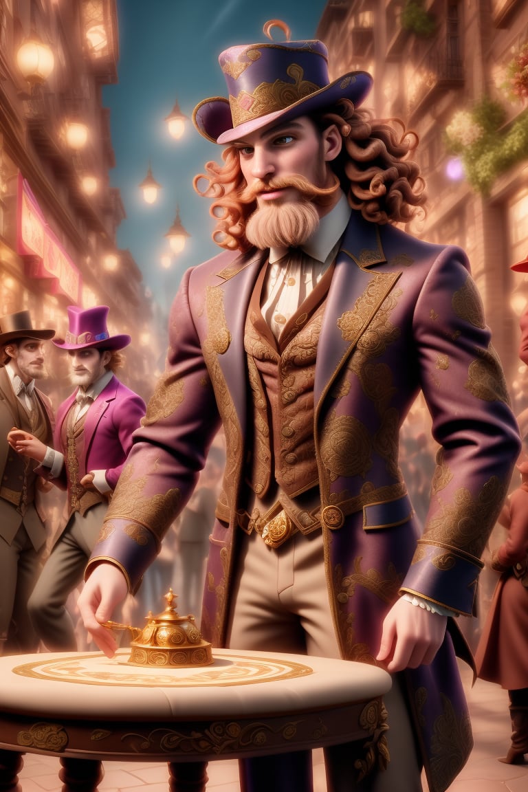 Herin, a majestic Welsh sorcerer, stands at a Victorian-style table, his pale-brown beard and wavy hair flowing in the gentle breeze. He dons a dapper magician's outfit, complete with intricate patterns and a top hat, as he focuses on a trick. The lighting is warm and inviting, casting a golden glow on the scene. Herin's eyes sparkle with mirth as he adds a dash of fun to his performance. In the background, a lively Victorian street comes alive with vibrant colors and busy activity. Faded figures in period attire hurry by, oblivious to the whimsical magic unfolding before them. The air is electric with an aura of joy and originality, captured in stunning UHD resolution within the Renderman Engine.