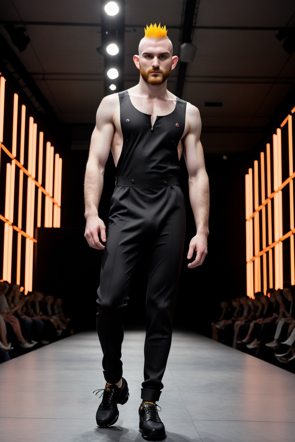 Tall, pale slender male model stands confidently on the catwalk, striking an intense pose. He wears well-rendered post-modern malewear, including bold patterns and textures, paired with statement-making male footwear. His ginger faux-mohawk hairstyle adds a touch of edginess to his overall look. A softglow effect illuminates his features, emphasizing the intricate details of his outfit. The camera captures him in full-height, showcasing his dramatic pose amidst the vibrant atmosphere of the high-fashion show.