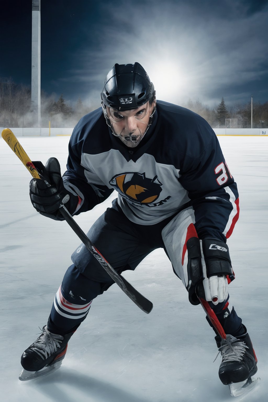 A cinematic close-up shot of a massive, masked male hockey player in full gear, ice skating with reckless abandon across the rink. His hockey mask glints under the bright arena lights as he expertly maneuvers his large, well-shaped skates. The vibrant colors of his uniform pop against the icy blue backdrop. As he plays, his arms and legs move swiftly, exuding a sense of kinetic energy. He grasps a hockey stick tightly, his eyes fixed intently on the puck as it flies across the ice.