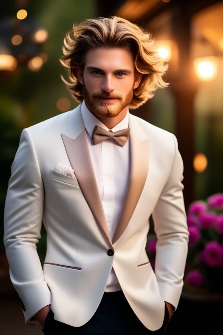 (masterpiece, only realistic, best quality), absurdperfect professional smooth clear clean intricate photo of a handsome Welsh man called herin, he has pale-brown messy short hair flowing, beard, wearing tuxedo, dynamic, party, outdoors,  uhd, highres, high-definition, vibrant, matte, colorful, exceptional epic photo portrait, symmetry is excellent,