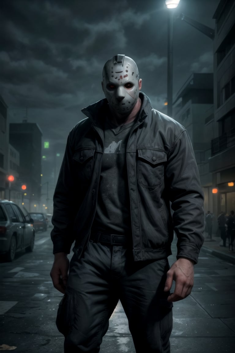 my favorite image of a huge trendy masked (jasonmale) in realistic large masculine trendywear (cross-walking) the urban street, own already described hands are large with own large fingers unclenched unclasped, street lights, city lights, neon lights at shops, skyscrapers, night light, night time, vehicles, people in sidewalk, alive, vivid image with depth of field, ((softglow effect)), vibrant matte colored chiaroscuro extremely smooth clear clean professional uhd image, highres image scan, centrefold, no crop,