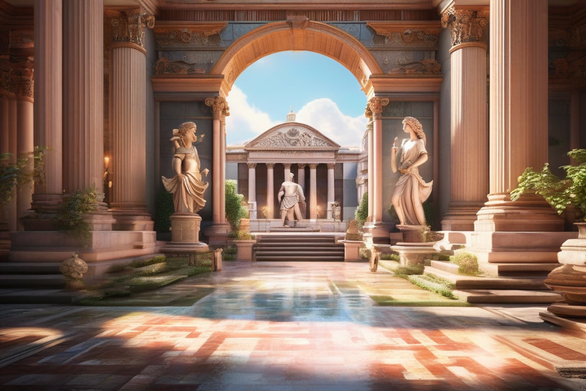 3d rendering, absurdperfect image of ancient roma, highly intricate, reflections, decorations, structures, statues, beautiful, professional space design, surreal quality, highres, depth of field, impressive, perfect, highly-detailed, joyful, cinematic, exceptional masterpiece, high-definition, smooth clear clean CGI in UHD, unreal engine,, colorful, vibrant, alive, vivid, happy, historical,