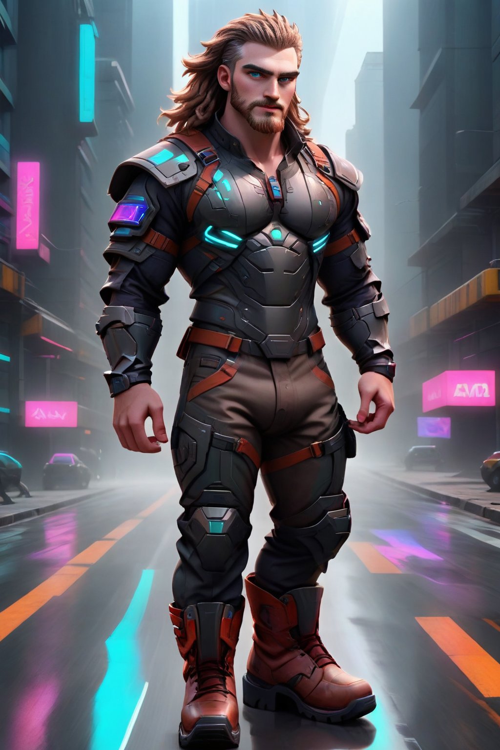 Herin, a ruggedly handsome Welsh man with long, wavy messy hair and pale-brown beard,  WEARING a heavy futuristic chest plate on, cyberpunk pants on, masculine cyberpunk boots on, at the wide futuristic road, uhd, masterpiece, highres image scan, high-definition, matte, dynamic, interesting, vibrant, colorful, neon, lasers, thrilling,