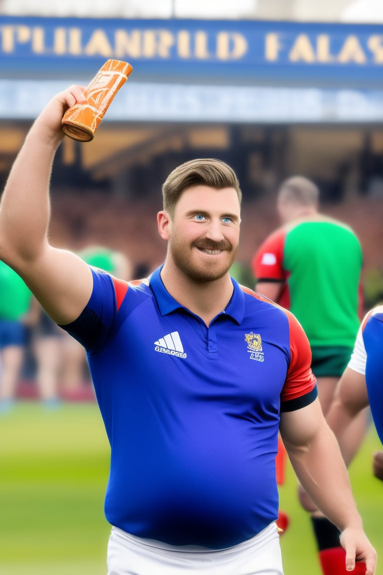 Ollie, a plump and handsome English man, blushing brightly, flashes his charismatic smile as he celebrates with teammates at the pub. His brown facial hair and short hair frame his bright blue eyes. He wears a rugby shirt and shorts, amidst a crowd of cheering mates in the faded background. The lighting is warm and vibrant, with intricate details and depth of field creating a highly-realistic masterpiece. The atmosphere is super fun and original, with a matte finish that pops with colorful joy.