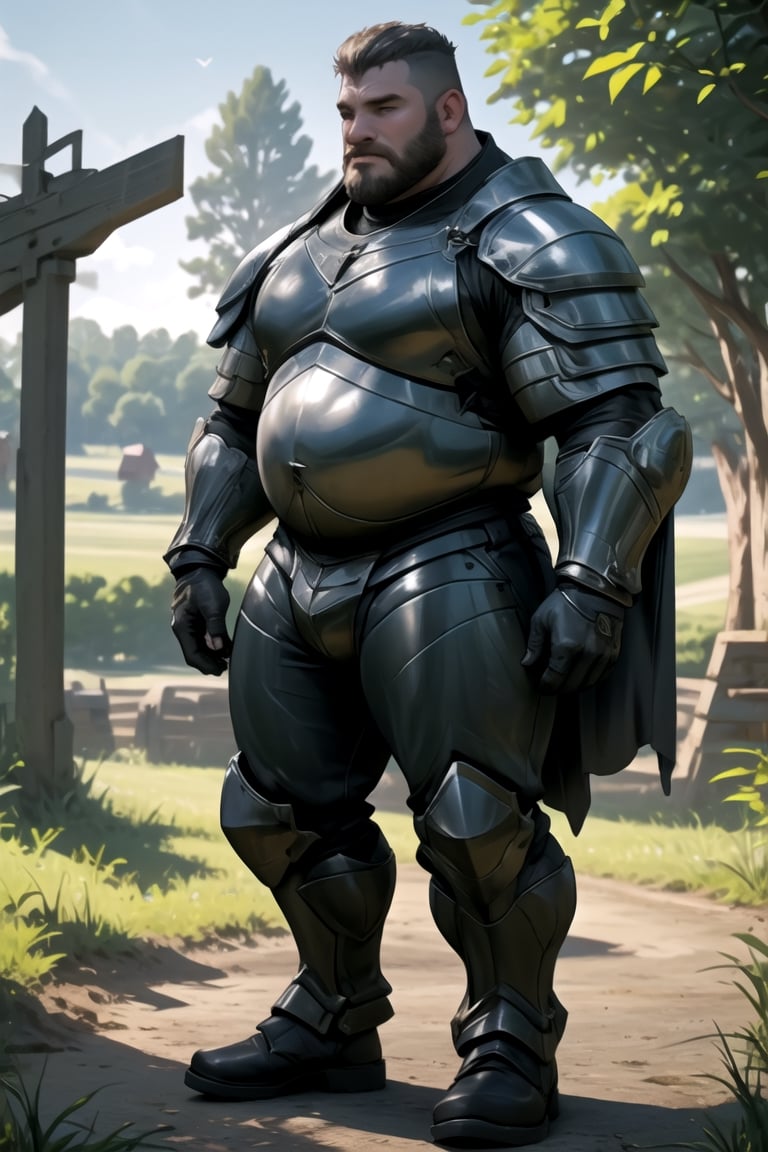 side view, from side, massive large tall plump manly knight dilf man, in accurate masculine cross-walking from side, well-rendered fat metallic knight armor fully-clothed from side, fat belly under fat armour, ((well-generated real large massive bulky fat metal full-body boots greaves malearmor on, wide medieval village very intricate vibrant colors with depth of viewl as in RAW photo background, depth of view, distant, buzz cut, volume, depthnees, focal-length, RAW image, uncompressed PNG, source_photo)), symmetric large full-armored male metal gloves on, symmetric tall fat armored legs on, (total outdoors in vibrant farmfields in natura landscape background:1.4), highres smooth clear clean pictoresque photo scan, , he his him masterpiece, b33rb3lly,midjourney 