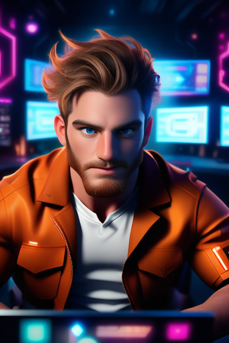 professional 3d, absurdperfect image of a masculine English man called herin,  he has mechanical arms, cyborg, short wavy hair flowing with wind, blue-eyes, beard, cyberpunk hacker, working at the computer while focused in the brigtht high-tech hacker room, depth of field, leds, in high-tech cyberpunk party, colorful, unreal engine , intricate, well-drawn male person in high-details, cool, nice, vibrant, smooth, clear, high-definition, highres, perfect, futuristic, sci-fi, 