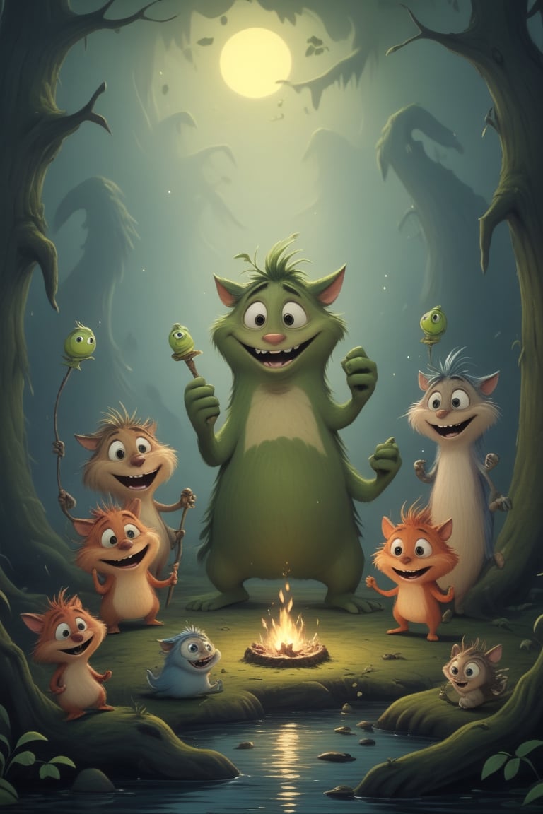 sharpen the image of cartoon critters in (potma style) in a birthday party in the nighty forest, oil painting style rendered in multiple cg units creating an absurdres highquality wallpaper 128k on gloss paper, excentric inventive masterpiece,<lora:659095807385103906:1.0>