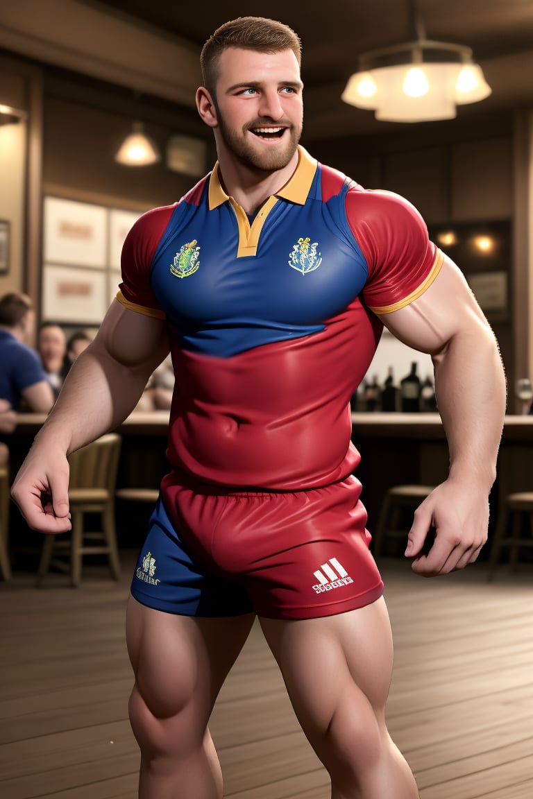 Liamman, a pale masculine English man with brown facial hair and short hair, proudly wears his rugby shirt and shorts as he cheers enthusiastically at the pub. Faded teammates crowd the background, subtly adding context to the joyful scene. In UHD, a softglow effect imbues the atmosphere with warmth, making this professional-grade photo a true masterpiece. The happy subject is in sharp focus, while the blurred background enhances the sense of depth and dimensionality.