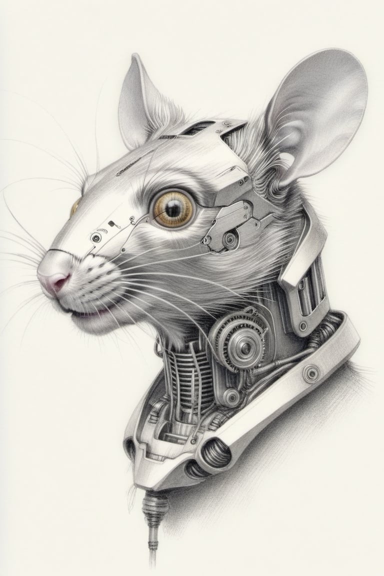 "A complex pencil sketch of a robotic rat, with its mechanical structure and animal-like design clearly visible, detailed features such as gears, wires, and the metallic sheen of its body, as well as human-like elements such as facial features and posture, BREAK evoking a mysterious beauty and a sense of greedy desire,BREAKRendered in a simple yet detailed pencil drawing style, showcasing the subtle gradient tones of graphite,BREAKThe light is soft and diffuse, casting soft shadows that highlight the robot's three-dimensional form, giving the scene a battle-like atmosphere To create an introspective mood, the BREAK view is a close-up, capturing the details of the robot's face, with a slight bokeh effect softening the background, while the BREAK sketch is detailed, emphasizing the texture of pencil strokes and the effect of moving light and shadow on the robot. The influence of shape.”