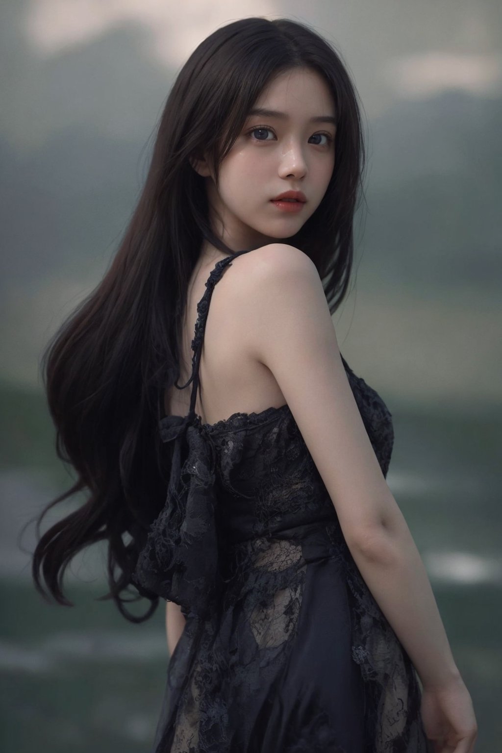 Masutepiece、highest qualityr、high resolusion、Eleonora Pavinato, 13 years old, Younger headshot in room sweter z dużym dekoltem you can see big breasts Beautiful bust girl Black hair Bun hair Beautiful firm breasts are comb big oczami seksowna, sentada en la cama.