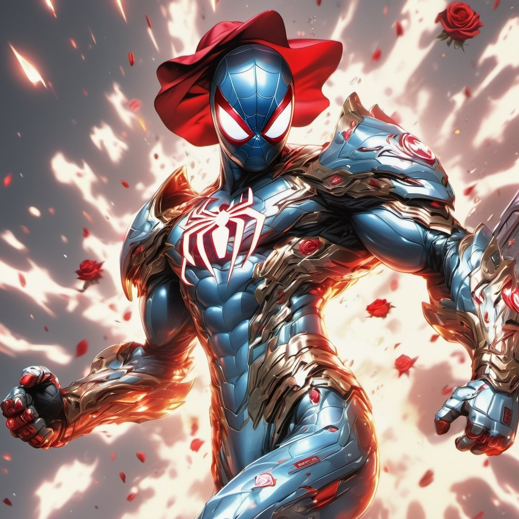 Realistic
Description of a [WARRIOR WHITE SPIDERMAN with WHITE wings] muscular arms, very muscular and very detailed, dressed in full body armor filled with red roses with ELECTRIC LIGHTS all over his body, bright electricity running through his body, full armor, letter medallion . H, H letters all over uniform, H letters all over armor, metal gloves with long sharp blades, swords on arms. , (metal sword with transparent fire blade).holding it in the right hand, full body, hdr, 8k, subsurface scattering, specular light, high resolution, octane rendering, field background,4 ANGEL WINGS,(4 ANGEL WINGS ), transparent fire sword, golden field background with red ROSES, fire whip held in his left hand, fire element, armor that protects the entire body, (SPIDERMAN) fire element, fire sword, golden armor, medallion with the letter H on the chest, WHITE SPIDERMAN, open field background with red roses, red roses on the suit, letter H on the suit, muscular arms,background Rain golden, (Rain money) sword fire H, escudo H,letter H Pendant, medalion letter H in the uniforme, hyper muscle,cat
