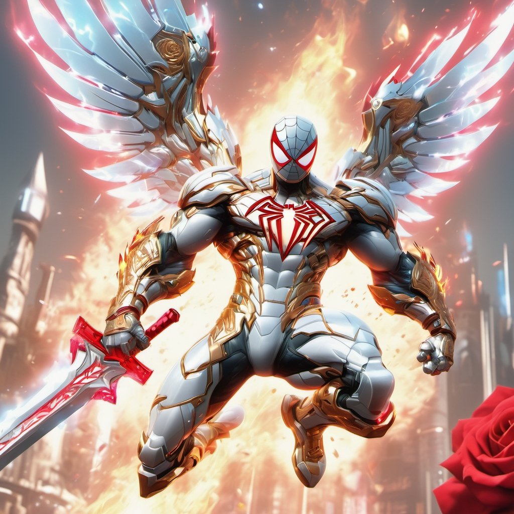 Realistic
Description of a [WARRIOR WHITE SPIDERMAN with WHITE wings] muscular arms, very muscular and very detailed, dressed in full body armor filled with red roses with ELECTRIC LIGHTS all over his body, bright electricity running through his body, full armor, letter medallion . H, H letters all over uniform, H letters all over armor, metal gloves with long sharp blades, swords on arms. , (metal sword with transparent fire blade).holding it in the right hand, full body, hdr, 8k, subsurface scattering, specular light, high resolution, octane rendering, field background,4 ANGEL WINGS,(4 ANGEL WINGS ), transparent fire sword, golden field background with red ROSES, fire whip held in his left hand, fire element, armor that protects the entire body, (SPIDERMAN) fire element, fire sword, golden armor, medallion with the letter H on the chest, WHITE SPIDERMAN, open field background with red roses, red roses on the suit, letter H on the suit, muscular arms,background Rain golden, (Rain money) sword fire H, escudo H,letter H Pendant, medalion letter H in the uniforme, hyper muscle,cat