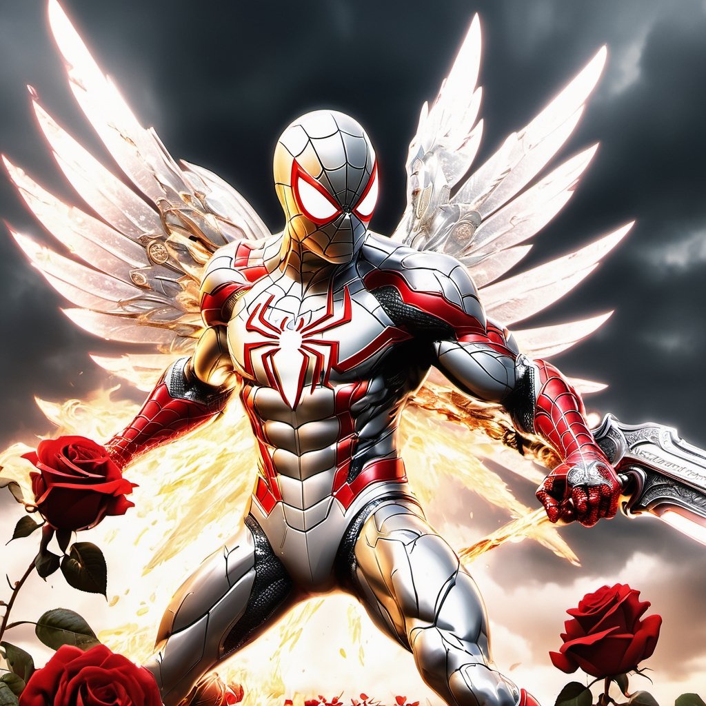 Realistic
Description of a [WARRIOR WHITE SPIDERMAN with WHITE wings] muscular arms, very muscular and very detailed, dressed in full body armor filled with red roses with ELECTRIC LIGHTS all over his body, bright electricity running through his body, full armor, letter medallion . H, H letters all over uniform, H letters all over armor, metal gloves with long sharp blades, swords on arms. , (metal sword with transparent fire blade).holding it in the right hand, full body, hdr, 8k, subsurface scattering, specular light, high resolution, octane rendering, field background,4 ANGEL WINGS,(4 ANGEL WINGS ), transparent fire sword, golden field background with red ROSES, fire whip held in his left hand, fire element, armor that protects the entire body, (SPIDERMAN) fire element, fire sword, golden armor, medallion with the letter H on the chest, WHITE SPIDERMAN, open field background with red roses, red roses on the suit, letter H on the suit, muscular arms,background Rain golden, (Rain money) sword fire H, escudo H,letter H Pendant, medalion letter H
