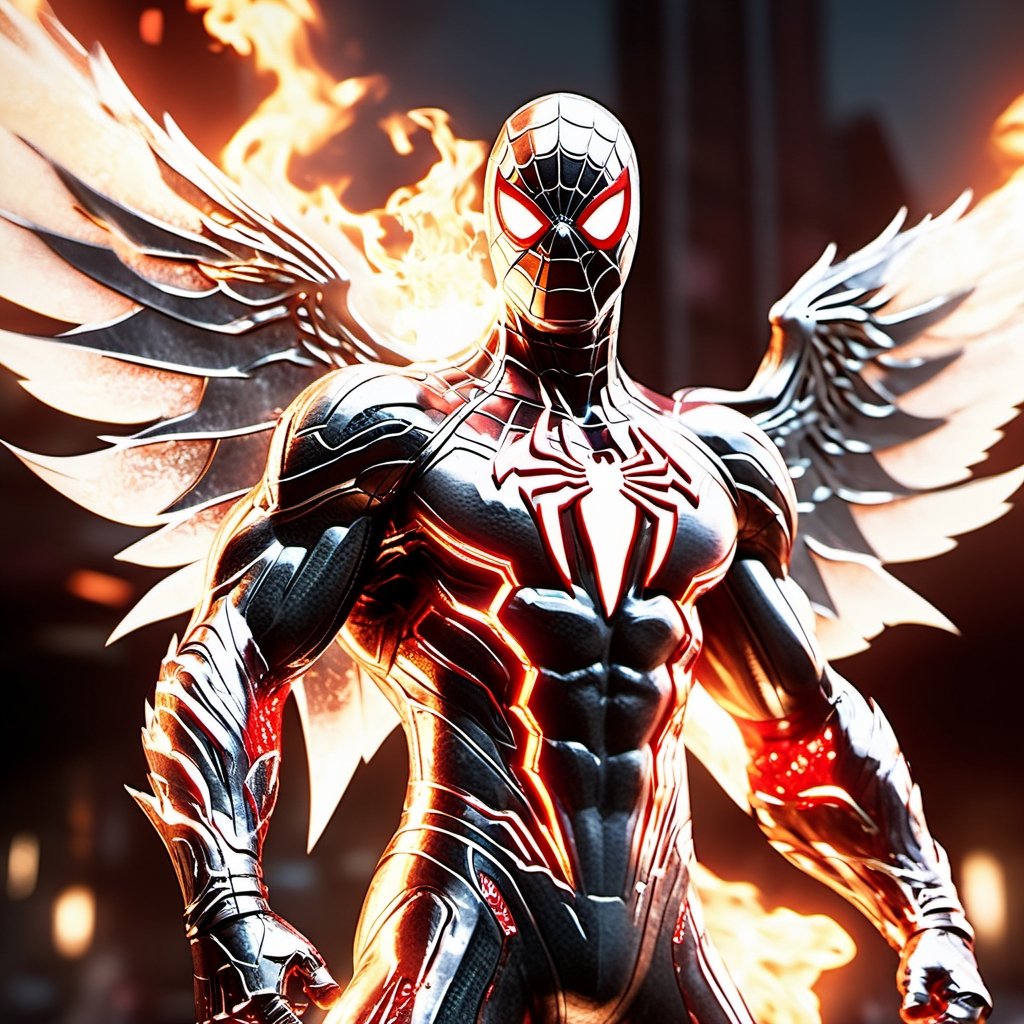 Realistic
Description of a [WHITE SPIDERMAN with WHITE wings] muscular arms, very muscular and very detailed, dressed in full body armor filled with red roses with ELECTRIC LIGHTS all over his body, bright electricity running through his body, full armor, letter medallion . H, H letters all over uniform, H letters all over armor, metal gloves with long sharp blades, swords on arms. , (metal sword with transparent fire blade).holding it in the right hand, full body, hdr, 8k, subsurface scattering, specular light, high resolution, octane rendering, field background,4 ANGEL WINGS,(4 ANGEL WINGS ), transparent fire sword, golden field background with red ROSES, fire whip held in his left hand, fire element, armor that protects the entire body, (SPIDERMAN) fire element, fire sword, golden armor, medallion with the letter H on the chest, WHITE SPIDERMAN, open field background with red roses, red roses on the suit, letter H on the suit, muscular arms,fondo lluvia de oro