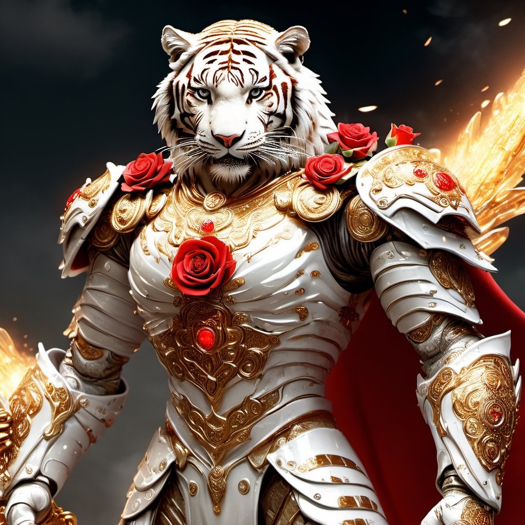 Realistic
Description of a [WARRIOR WHITE HUMAN TIGER with WHITE wings] muscular arms, very muscular and very detailed, dressed in full body armor filled with red roses with ELECTRIC LIGHTS all over his body, bright electricity running through his body, full armor, letter medallion . H, H letters all over uniform, H letters all over armor, metal gloves with long sharp blades, swords on arms. , (metal sword with transparent fire blade).holding it in the right hand, full body, hdr, 8k, subsurface scattering, specular light, high resolution, octane rendering, field background,4 ANGEL WINGS,(4 ANGEL WINGS ), transparent fire sword, golden field background with red ROSES, fire whip held in his left hand, fire element, armor that protects the entire body, (H) fire element, fire sword, golden armor, medallion with the letter H on the chest, WHITE Human Tiger, open field background with red roses, red roses on the suit, letter H on the suit, muscular arms,background Rain golden, (Rain money) sword fire H, escudo H,letter H Pendant, medalion letter H in the uniforme, hyper muscle,cat,DonMASKTexXL ,Spirit Fox Pendant,chrometech