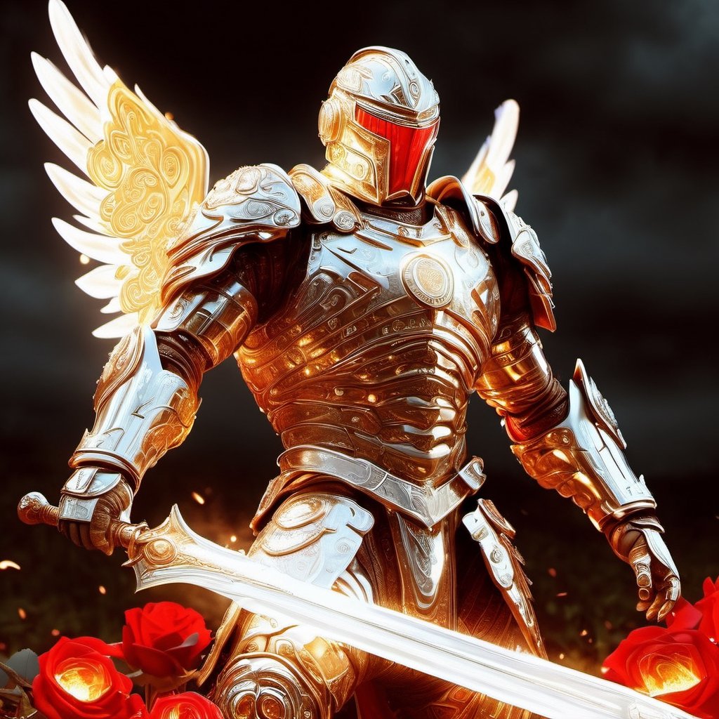 Realistic
Description of a [WARRIOR WHITE Henry with WHITE wings] muscular arms, very muscular and very detailed, dressed in full body armor filled with red roses with ELECTRIC LIGHTS all over his body, bright electricity running through his body, full armor, letter medallion . H, H letters all over uniform, H letters all over armor, metal gloves with long sharp blades, swords on arms. , (metal sword with transparent fire blade), full body, hdr, 8k, subsurface scattering, specular light, high resolution, octane rendering, field background,4 ANGEL WINGS,(4 ANGEL WINGS ), transparent fire sword, golden field background with red ROSES, fire whip held in his left hand, fire element, armor that protects the entire body, (H) fire element, fire sword, golden armor, medallion with the letter H on the chest, WHITE Henry, open field background with red roses, red roses on the suit, letter H on the suit, muscular arms,background Rain golden, (Rain money) sword fire H, escudo H,letter H Pendant, medalion letter H in the uniforme, hyper muscle,Cat, blessing of GOD