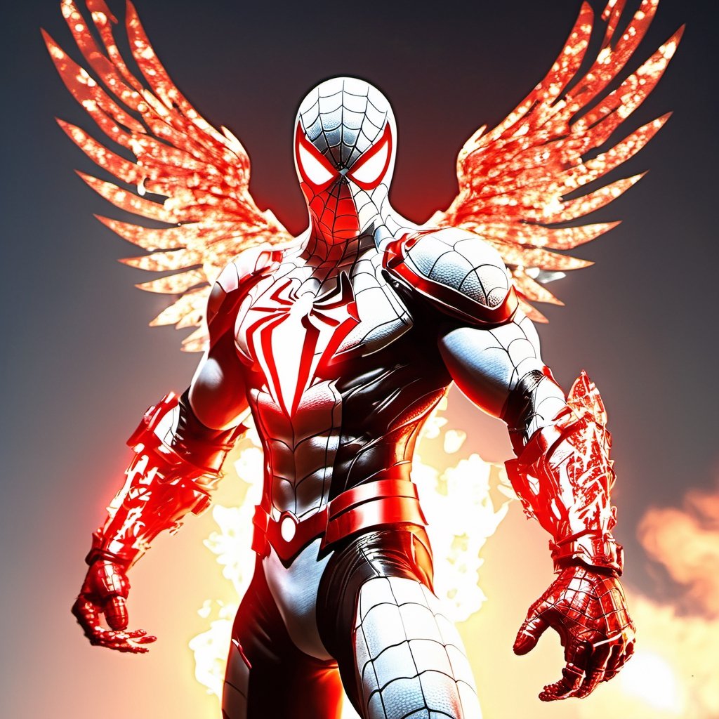 Realistic
Description of a [WHITE SPIDERMAN with WHITE wings] muscular arms, very muscular and very detailed, dressed in full body armor filled with red roses with ELECTRIC LIGHTS all over his body, bright electricity running through his body, full armor, letter medallion . H, H letters all over uniform, H letters all over armor, metal gloves with long sharp blades, swords on arms. , (metal sword with transparent fire blade).holding it in the right hand, full body, hdr, 8k, subsurface scattering, specular light, high resolution, octane rendering, field background,4 ANGEL WINGS,(4 ANGEL WINGS ), transparent fire sword, golden field background with red ROSES, fire whip held in his left hand, fire element, armor that protects the entire body, (SPIDERMAN) fire element, fire sword, golden armor, medallion with the letter H on the chest, WHITE SPIDERMAN, open field background with red roses, red roses on the suit, letter H on the suit, muscular arms,neon photography style