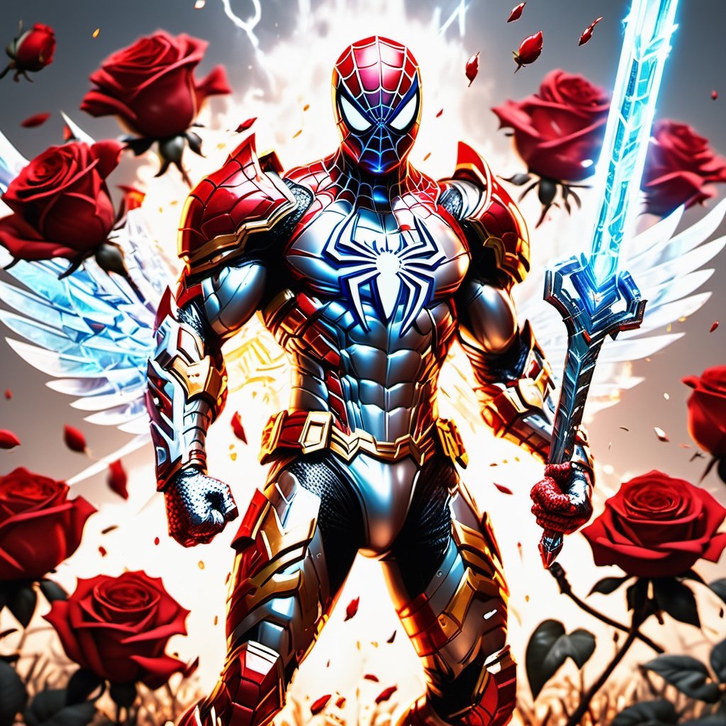 Realistic
Description of a [WARRIOR WHITE SPIDERMAN with WHITE wings] muscular arms, very muscular and very detailed, dressed in full body armor filled with red roses with ELECTRIC LIGHTS all over his body, bright electricity running through his body, full armor, letter medallion . H, H letters all over uniform, H letters all over armor, metal gloves with long sharp blades, swords on arms. , (metal sword with transparent fire blade).holding it in the right hand, full body, hdr, 8k, subsurface scattering, specular light, high resolution, octane rendering, field background,4 ANGEL WINGS,(4 ANGEL WINGS ), transparent fire sword, golden field background with red ROSES, fire whip held in his left hand, fire element, armor that protects the entire body, (SPIDERMAN) fire element, fire sword, golden armor, medallion with the letter H on the chest, WHITE SPIDERMAN, open field background with red roses, red roses on the suit, letter H on the suit, muscular arms,background Rain golden, (Rain money) sword fire H, escudo H