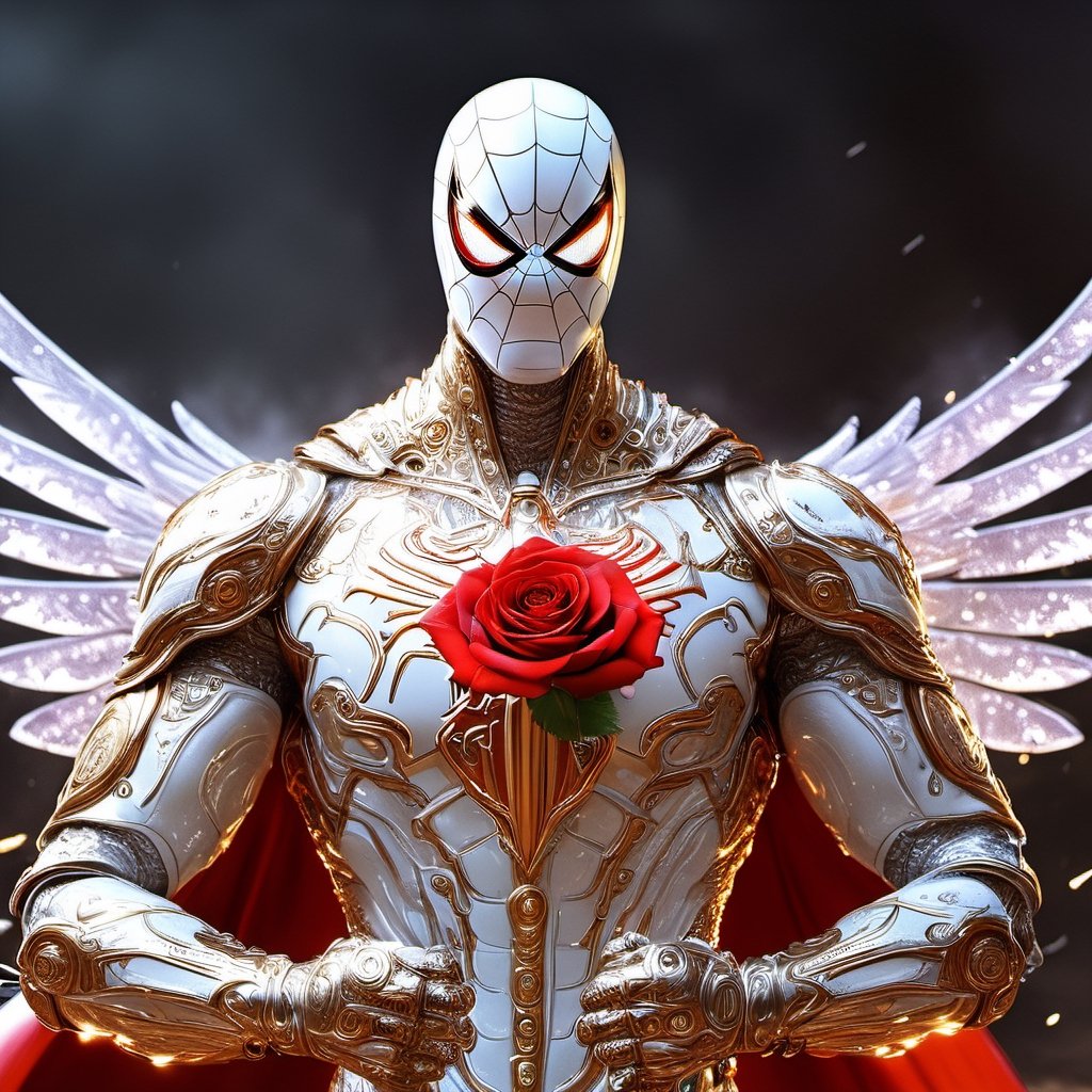 Realistic
Description of a [WARRIOR WHITE Spiderman with WHITE wings] muscular arms, very muscular and very detailed, dressed in full body armor filled with red roses with ELECTRIC LIGHTS all over his body, bright electricity running through his body, full armor, letter medallion . H, H letters all over uniform, H letters all over armor, metal gloves with long sharp blades, swords on arms. , (metal sword with transparent fire blade).holding it in the right hand, full body, hdr, 8k, subsurface scattering, specular light, high resolution, octane rendering, field background,4 ANGEL WINGS,(4 ANGEL WINGS ), transparent fire sword, golden field background with red ROSES, fire whip held in his left hand, fire element, armor that protects the entire body, (H) fire element, fire sword, golden armor, medallion with the letter H on the chest, WHITE Spiderman, open field background with red roses, red roses on the suit, letter H on the suit, muscular arms,background Rain golden, (Rain money) sword fire H, escudo H,letter H Pendant, medalion letter H in the uniforme, hyper muscle,cat,DonMASKTexXL ,Spirit Fox Pendant,chrometech