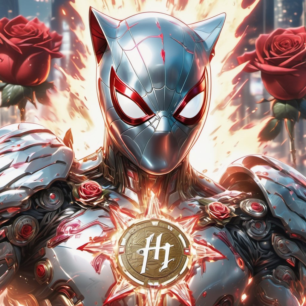 Realistic
Description of a [WARRIOR WHITE SPIDERMAN with WHITE wings] muscular arms, very muscular and very detailed, dressed in full body armor filled with red roses with ELECTRIC LIGHTS all over his body, bright electricity running through his body, full armor, letter medallion . H, H letters all over uniform, H letters all over armor, metal gloves with long sharp blades, swords on arms. , (metal sword with transparent fire blade).holding it in the right hand, full body, hdr, 8k, subsurface scattering, specular light, high resolution, octane rendering, field background,4 ANGEL WINGS,(4 ANGEL WINGS ), transparent fire sword, golden field background with red ROSES, fire whip held in his left hand, fire element, armor that protects the entire body, (SPIDERMAN) fire element, fire sword, golden armor, medallion with the letter H on the chest, WHITE SPIDERMAN, open field background with red roses, red roses on the suit, letter H on the suit, muscular arms,background Rain golden, (Rain money) sword fire H, escudo H,letter H Pendant, medalion letter H in the uniforme, hyper muscle,cat