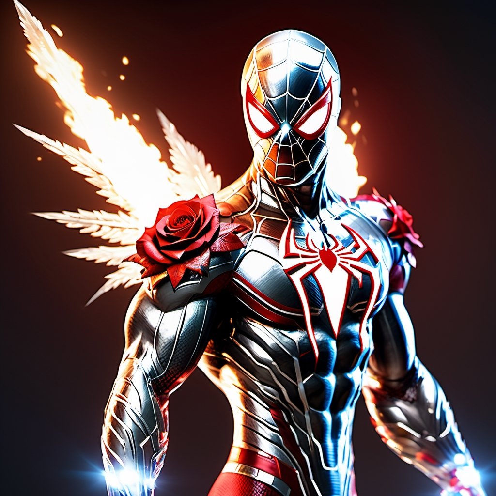 Realistic
Description of a [WHITE SPIDERMAN with WHITE wings] muscular arms, very muscular and very detailed, dressed in full body armor filled with red roses with ELECTRIC LIGHTS all over his body, bright electricity running through his body, full armor, letter medallion . H, H letters all over uniform, H letters all over armor, metal gloves with long sharp blades, swords on arms. , (metal sword with transparent fire blade).holding it in the right hand, full body, hdr, 8k, subsurface scattering, specular light, high resolution, octane rendering, field background,4 ANGEL WINGS,(4 ANGEL WINGS ), transparent fire sword, golden field background with red ROSES, fire whip held in his left hand, fire element, armor that protects the entire body, (SPIDERMAN) fire element, fire sword, golden armor, medallion with the letter H on the chest, WHITE SPIDERMAN, open field background with red roses, red roses on the suit, letter H on the suit, muscular arms,