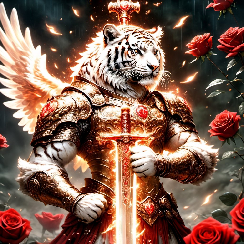 Realistic
Description of a [WARRIOR WHITE HUMAN TIGER with WHITE wings] muscular arms, very muscular and very detailed, dressed in full body armor filled with red roses with ELECTRIC LIGHTS all over his body, bright electricity running through his body, full armor, letter medallion . H, H letters all over uniform, H letters all over armor, metal gloves with long sharp blades, swords on arms. , (metal sword with transparent fire blade).holding it in the right hand, full body, hdr, 8k, subsurface scattering, specular light, high resolution, octane rendering, field background,4 ANGEL WINGS,(4 ANGEL WINGS ), transparent fire sword, golden field background with red ROSES, fire whip held in his left hand, fire element, armor that protects the entire body, (H) fire element, fire sword, golden armor, medallion with the letter H on the chest, WHITE Human Tiger, open field background with red roses, red roses on the suit, letter H on the suit, muscular arms,background Rain golden, (Rain money) sword fire H, escudo H,letter H Pendant, medalion letter H in the uniforme, hyper muscle,cat,DonMASKTexXL 