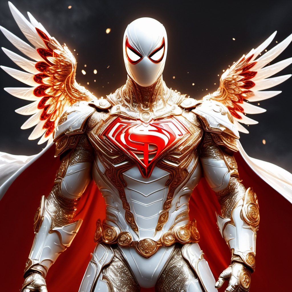 Realistic
Description of a [WARRIOR WHITE Spiderman with WHITE wings] muscular arms, very muscular and very detailed, dressed in full body armor filled with red roses with ELECTRIC LIGHTS all over his body, bright electricity running through his body, full armor, letter medallion . H, H letters all over uniform, H letters all over armor, metal gloves with long sharp blades, swords on arms. , (metal sword with transparent fire blade).holding it in the right hand, full body, hdr, 8k, subsurface scattering, specular light, high resolution, octane rendering, field background,4 ANGEL WINGS,(4 ANGEL WINGS ), transparent fire sword, golden field background with red ROSES, fire whip held in his left hand, fire element, armor that protects the entire body, (H) fire element, fire sword, golden armor, medallion with the letter H on the chest, WHITE Spiderman, open field background with red roses, red roses on the suit, letter H on the suit, muscular arms,background Rain golden, (Rain money) sword fire H, escudo H,letter H Pendant, medalion letter H in the uniforme, hyper muscle,cat,DonMASKTexXL ,Spirit Fox Pendant,chrometech,phoenix pendant,Holy Dragon Pendant