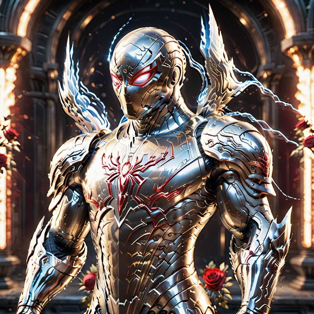 Realistic
Description of a [WARRIOR WHITE SPIDERMAN with WHITE wings] muscular arms, very muscular and very detailed, dressed in full body armor filled with red roses with ELECTRIC LIGHTS all over his body, bright electricity running through his body, full armor, letter medallion . H, H letters all over uniform, H letters all over armor, metal gloves with long sharp blades, swords on arms. , (metal sword with transparent fire blade).holding it in the right hand, full body, hdr, 8k, subsurface scattering, specular light, high resolution, octane rendering, field background,4 ANGEL WINGS,(4 ANGEL WINGS ), transparent fire sword, golden field background with red ROSES, fire whip held in his left hand, fire element, armor that protects the entire body, (SPIDERMAN) fire element, fire sword, golden armor, medallion with the letter H on the chest, WHITE SPIDERMAN, open field background with red roses, red roses on the suit, letter H on the suit, muscular arms,fondo lluvia de oro