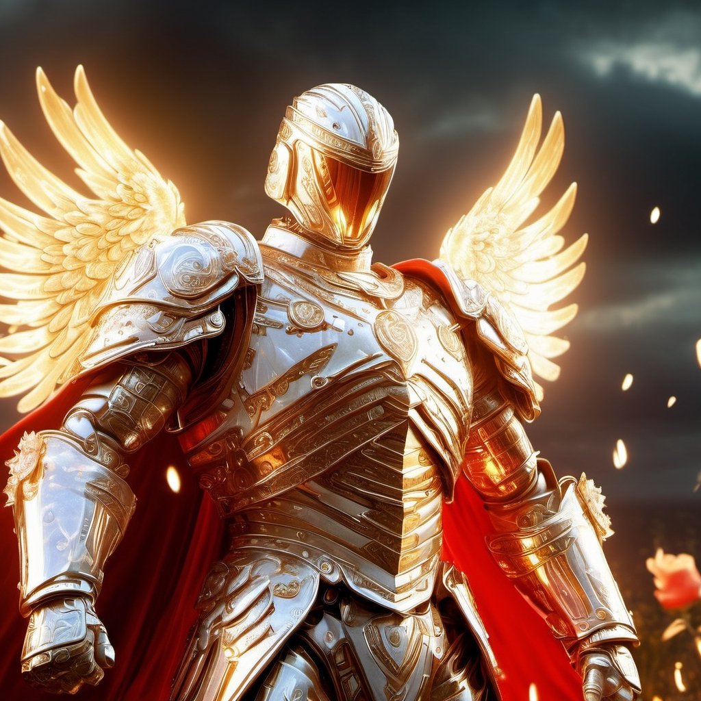 Realistic
Description of a [WARRIOR WHITE Henry with WHITE wings] muscular arms, very muscular and very detailed, dressed in full body armor filled with red roses with ELECTRIC LIGHTS all over his body, bright electricity running through his body, full armor, letter medallion . H, H letters all over uniform, H letters all over armor, metal gloves with long sharp blades, swords on arms. , (metal sword with transparent fire blade), full body, hdr, 8k, subsurface scattering, specular light, high resolution, octane rendering, field background,4 ANGEL WINGS,(4 ANGEL WINGS ), transparent fire sword, golden field background with red ROSES, fire whip held in his left hand, fire element, armor that protects the entire body, (H) fire element, fire sword, golden armor, medallion with the letter H on the chest, WHITE Henry, open field background with red roses, red roses on the suit, letter H on the suit, muscular arms,background Rain golden, (Rain money) sword fire H, escudo H,letter H Pendant, medalion letter H in the uniforme, hyper muscle,Cat, blessing of God  from Henry 