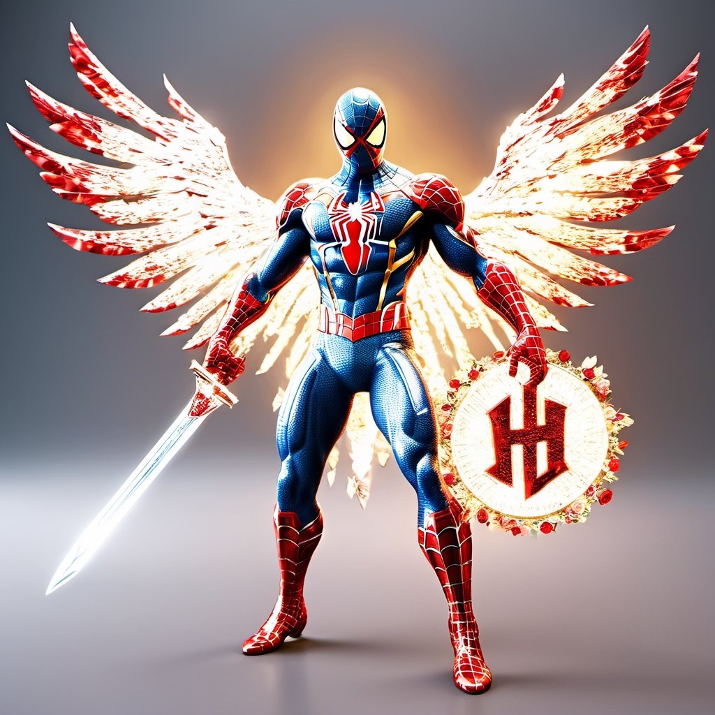 Realistic
Description of a [WHITE SPIDERMAN with WHITE wings] muscular arms, very muscular and very detailed, dressed in full body armor filled with red roses with ELECTRIC LIGHTS all over his body, bright electricity running through his body, full armor, letter medallion . H, H letters all over uniform, H letters all over armor, metal gloves with long sharp blades, swords on arms. , (metal sword with transparent fire blade).holding it in the right hand, full body, hdr, 8k, subsurface scattering, specular light, high resolution, octane rendering, field background, ANGEL WINGS,(ANGEL WINGS ), transparent fire sword, golden field background with red ROSES, fire whip held in his left hand, fire element, armor that protects the entire body, (SPIDERMAN) fire element, fire sword, golden armor, medallion with the letter H on the chest, WHITE SPIDERMAN, open field background with red roses, red roses on the suit, letter H on the suit, muscular arms,neon photography style