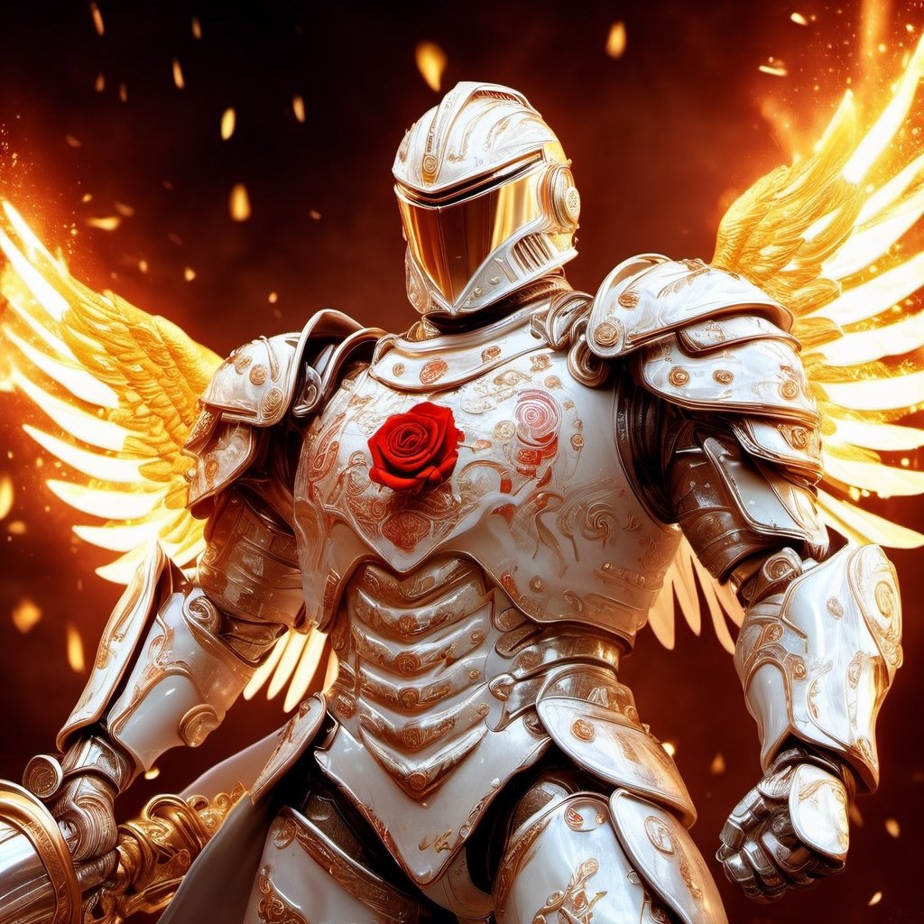 Realistic
Description of a [WARRIOR WHITE Henry with WHITE wings] muscular arms, very muscular and very detailed, dressed in full body armor filled with red roses with ELECTRIC LIGHTS all over his body, bright electricity running through his body, full armor, letter medallion . H, H letters all over uniform, H letters all over armor, metal gloves with long sharp blades, swords on arms. , (metal sword with transparent fire blade).holding it in the right hand, full body, hdr, 8k, subsurface scattering, specular light, high resolution, octane rendering, field background,4 ANGEL WINGS,(4 ANGEL WINGS ), transparent fire sword, golden field background with red ROSES, fire whip held in his left hand, fire element, armor that protects the entire body, (H) fire element, fire sword, golden armor, medallion with the letter H on the chest, WHITE Henry, open field background with red roses, red roses on the suit, letter H on the suit, muscular arms,background Rain golden, (Rain money) sword fire H, escudo H,letter H Pendant, medalion letter H in the uniforme, hyper muscle,cat,DonMASKTexXL ,chrometech