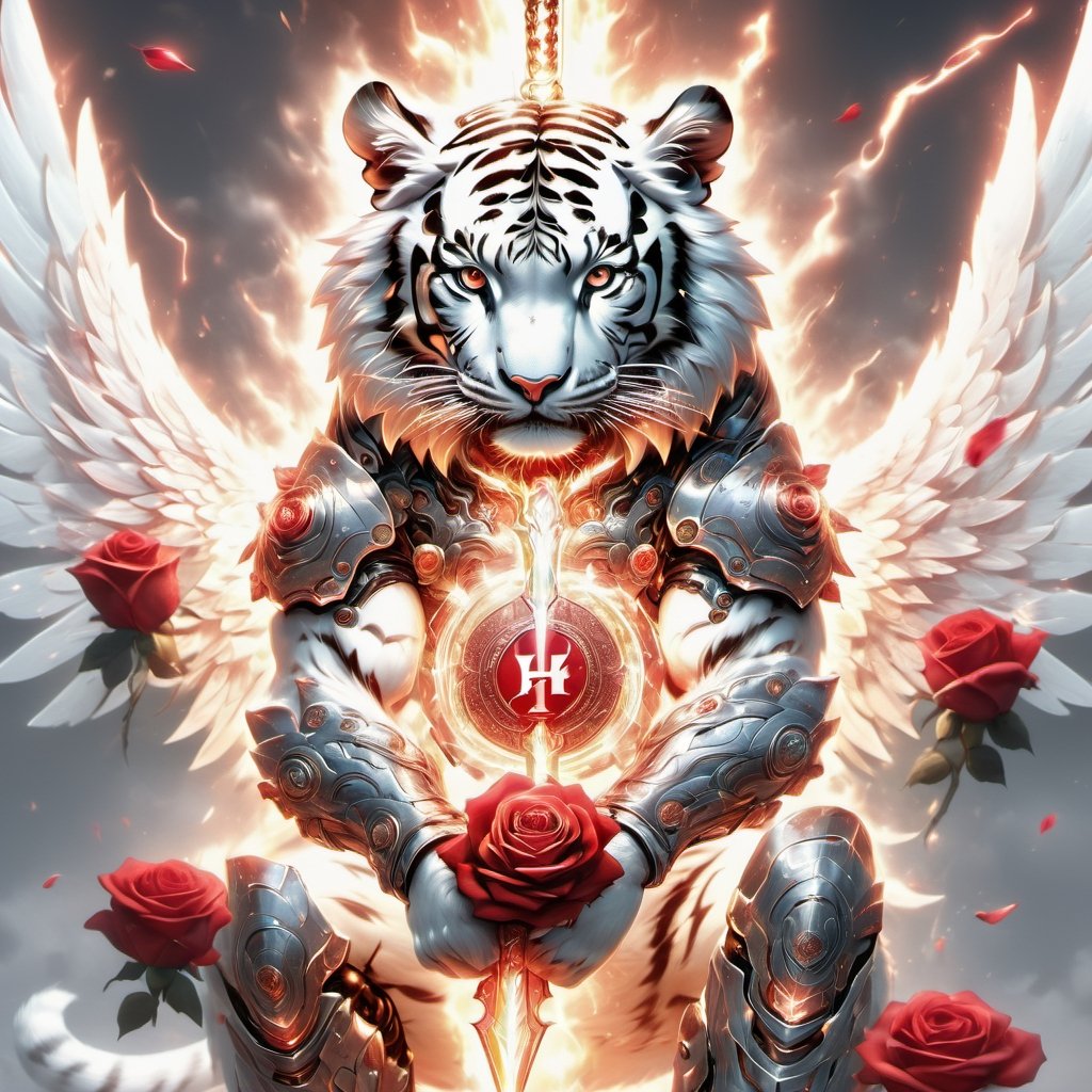 Realistic
Description of a [WARRIOR WHITE HUMAN TIGER with WHITE wings] muscular arms, very muscular and very detailed, dressed in full body armor filled with red roses with ELECTRIC LIGHTS all over his body, bright electricity running through his body, full armor, letter medallion . H, H letters all over uniform, H letters all over armor, metal gloves with long sharp blades, swords on arms. , (metal sword with transparent fire blade).holding it in the right hand, full body, hdr, 8k, subsurface scattering, specular light, high resolution, octane rendering, field background,4 ANGEL WINGS,(4 ANGEL WINGS ), transparent fire sword, golden field background with red ROSES, fire whip held in his left hand, fire element, armor that protects the entire body, (H) fire element, fire sword, golden armor, medallion with the letter H on the chest, WHITE Human Tiger, open field background with red roses, red roses on the suit, letter H on the suit, muscular arms,background Rain golden, (Rain money) sword fire H, escudo H,letter H Pendant, medalion letter H in the uniforme, hyper muscle,cat