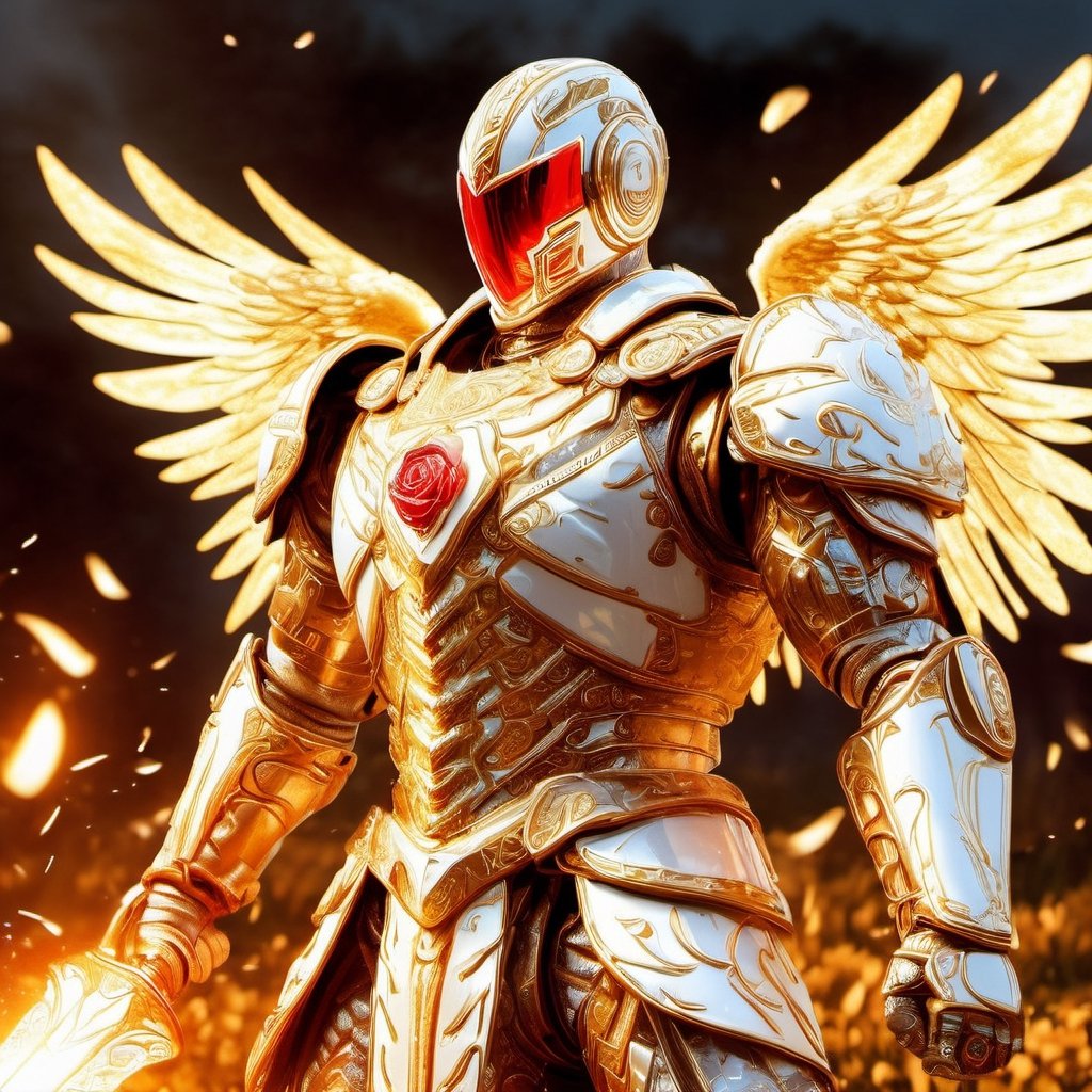 Realistic
Description of a [WARRIOR WHITE Henry with WHITE wings] muscular arms, very muscular and very detailed, dressed in full body armor filled with red roses with ELECTRIC LIGHTS all over his body, bright electricity running through his body, full armor, letter medallion . H, H letters all over uniform, H letters all over armor, metal gloves with long sharp blades, swords on arms. , (metal sword with transparent fire blade), full body, hdr, 8k, subsurface scattering, specular light, high resolution, octane rendering, field background,4 ANGEL WINGS,(4 ANGEL WINGS ), transparent fire sword, golden field background with red ROSES, fire whip held in his left hand, fire element, armor that protects the entire body, (H) fire element, fire sword, golden armor, medallion with the letter H on the chest, WHITE Henry, open field background with red roses, red roses on the suit, letter H on the suit, muscular arms,background Rain golden, (Rain money) sword fire H, escudo H,letter H Pendant, medalion letter H in the uniforme, hyper muscle,Cat, blessing of God  from Henry 