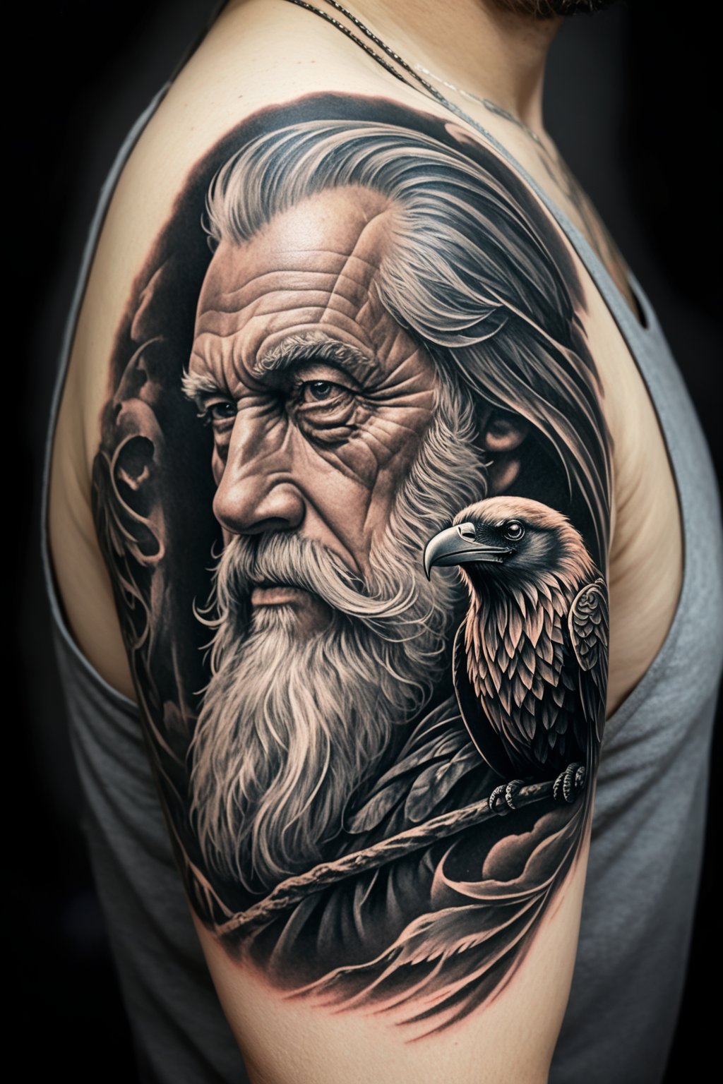 Score_9, Score_8_up, Score_7_up, Score_6_up, Score_5_up, Score_4_up, 
masterpiece, best quality,  line art tattoo of Odin with a raven on his shoulder, black white and charcoal color palette, portrait of a bearded old blind man with an eye patch, weathered wrinkled skin, dark messy hair, raven on his shoulder,1y0n, Tattoo, FuturEvoLabTattoo,
