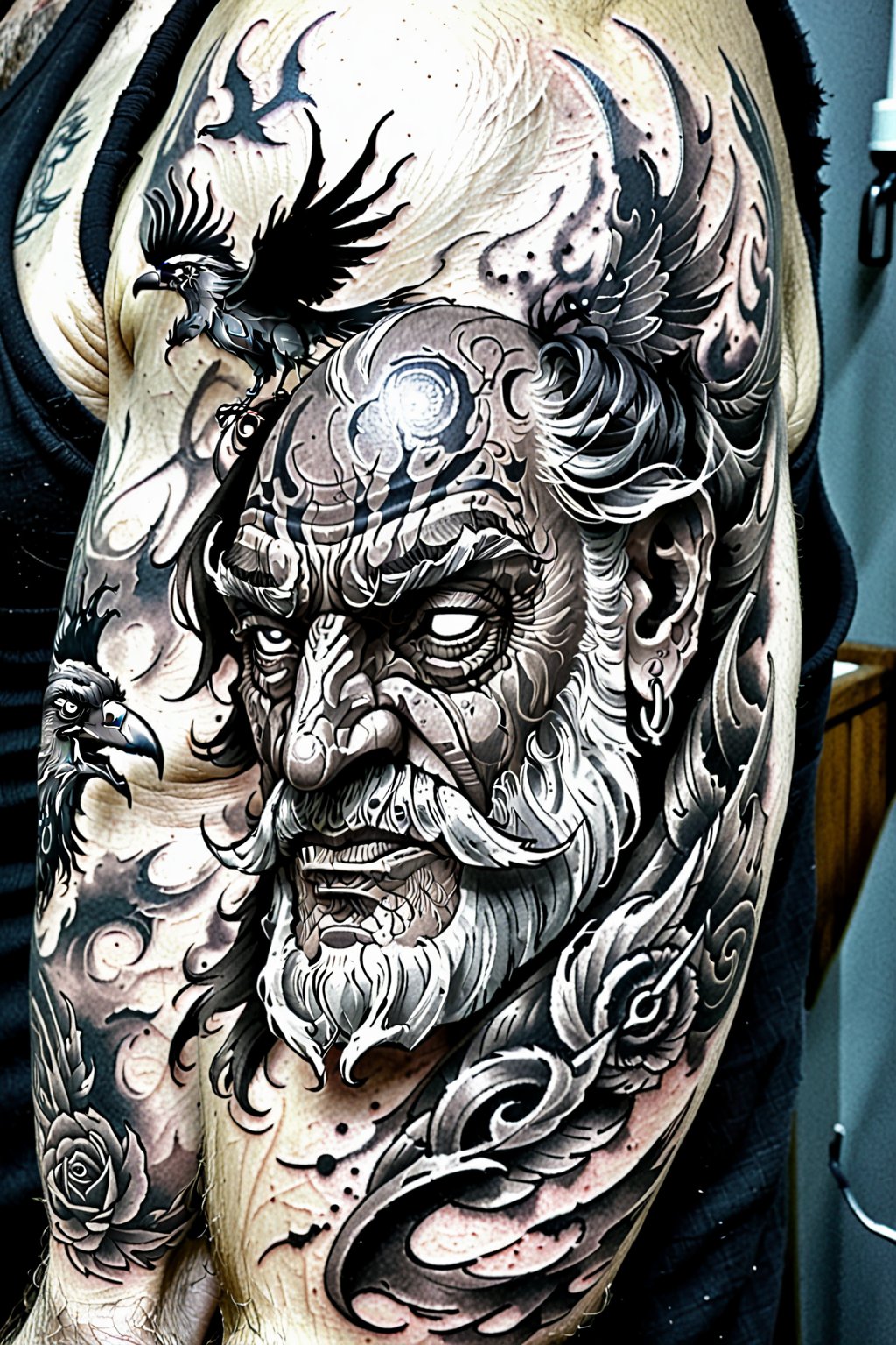 xlinex, line art tattoo of Odin with a raven on his shoulder, black white and charcoal color palette, portrait of a bearded old blind man with an eye patch, weathered wrinkled skin, dark messy hair, raven on his shoulder,1y0n