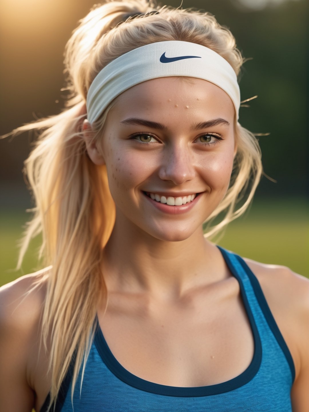 photo r3al, photorealistic, masterpiece, hyperdetailed photography, young woman, sporty, smile, acne, outdoors, blonde, best quality, 8k, ultra quality, ultra detailed, warm lighting, soft lighting, (full body shot), looking_at_viewer, facing viewer, front_view, skinny, hairband, sharp focus