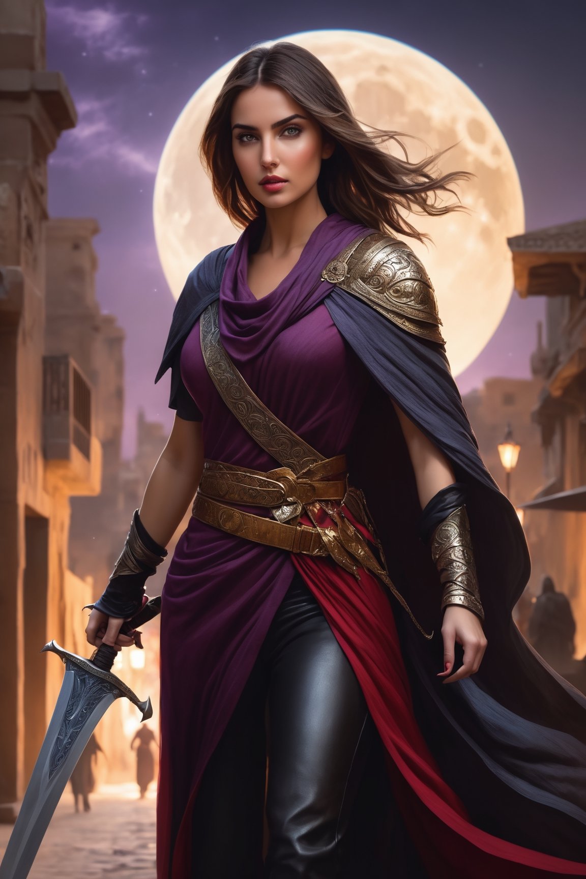 Ana de Armas-like woman, walking through the streets of Cairo, with cleopatra-like horse, Bob hair cut, long in front and short back, in front of a full moon, epic fantasy art, grayish purple cloak, and a sword, female rouge assassin, tiefling, picara, abaddon and Magali villeneuve, full-length greg rutkowski, beautiful female assassin, female vampire warrior, female picara, -black color scheme, beautiful picara lady, epic fantasy art portrait.