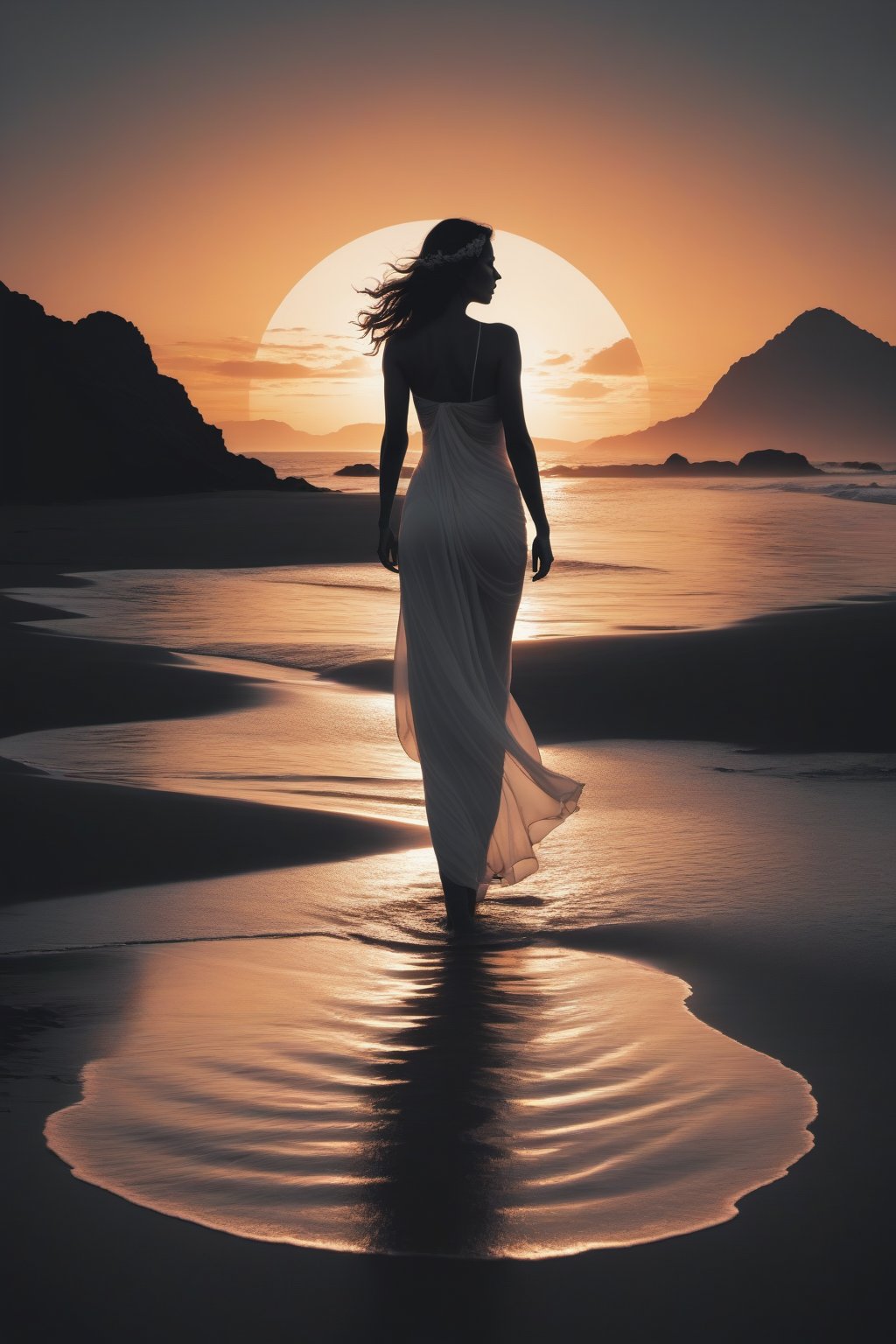 high quality, 8K Ultra HD, A beautiful double exposure that combines an goddess silhouette with sunset coast, sunset beach should serve as the underlying backdrop, with its details incorporated into the goddess , crisp lines, The background is monochrome, sharp focus, double exposure, by yukisakura, awesome full color, the scene nide the lady's body