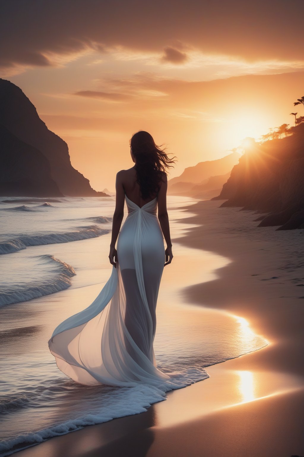 high quality, 8K Ultra HD, A beautiful double exposure that combines an goddess silhouette with sunset coast, sunset beach should serve as the underlying backdrop, with its details incorporated into the goddess , crisp lines, The background is monochrome, sharp focus, double exposure, by yukisakura, awesome full color, the scene nide the lady's body