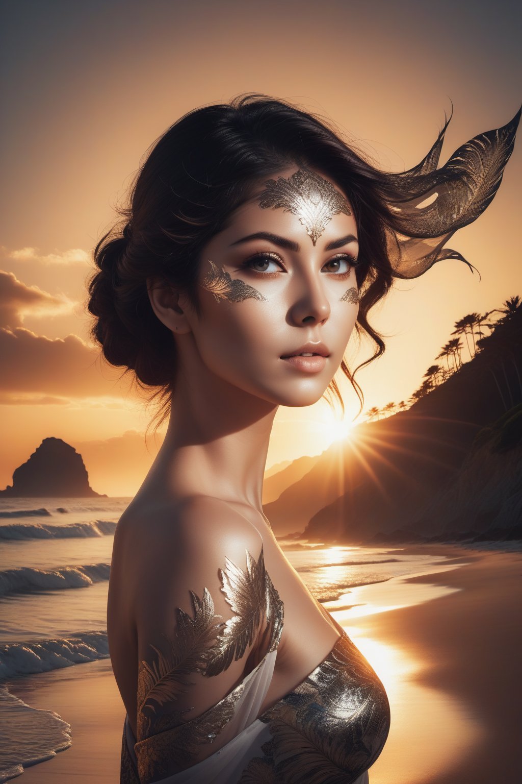 high quality, 8K Ultra HD, A beautiful double exposure that combines an goddess silhouette with sunset coast, sunset beach should serve as the underlying backdrop, with its details incorporated into the goddess , crisp lines, The background is monochrome, sharp focus, double exposure, by yukisakura, awesome full color, the scene nide the lady's body