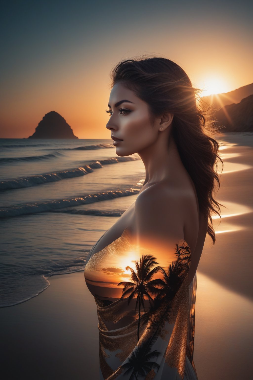 high quality, 8K Ultra HD, A beautiful double exposure that combines an goddess silhouette with sunset coast, sunset beach should serve as the underlying backdrop, with its details incorporated into the goddess , crisp lines, The background is monochrome, sharp focus, double exposure, by yukisakura, awesome full color, the scene nide the lady's body